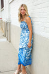 Follow Me Blue Paisley Print Smocked Shoulder Tie Border Hem Dress
