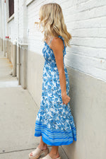 Follow Me Blue Paisley Print Smocked Shoulder Tie Border Hem Dress