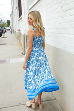 Follow Me Blue Paisley Print Smocked Shoulder Tie Border Hem Dress