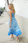Follow Me Blue Paisley Print Smocked Shoulder Tie Border Hem Dress