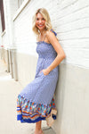 Follow Me Navy Boho Print Smocked Shoulder Tie Border Hem Dress