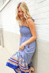 Follow Me Navy Boho Print Smocked Shoulder Tie Border Hem Dress