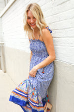 Follow Me Navy Boho Print Smocked Shoulder Tie Border Hem Dress