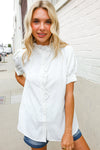 Put Together White Ruffle Crochet Puff Sleeve Button Down Top