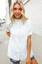 Put Together White Ruffle Crochet Puff Sleeve Button Down Top