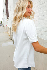 Casual Chic White Linen Notch Neck Dolman Short Sleeve Top