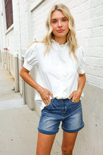 Put Together White Ruffle Crochet Puff Sleeve Button Down Top