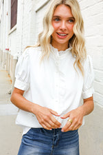 Put Together White Ruffle Crochet Puff Sleeve Button Down Top
