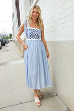 Feeling Femme Blue Floral Netted Yoke Stripe Ric Rack Dress