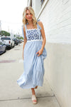 Feeling Femme Blue Floral Netted Yoke Stripe Ric Rack Dress