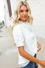 Put Together White Ruffle Crochet Puff Sleeve Button Down Top