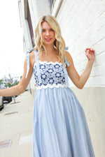 Feeling Femme Blue Floral Netted Yoke Stripe Ric Rack Dress
