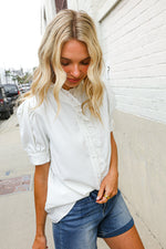 Put Together White Ruffle Crochet Puff Sleeve Button Down Top