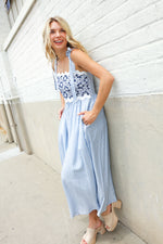 Feeling Femme Blue Floral Netted Yoke Stripe Ric Rack Dress