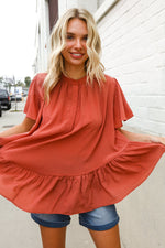 Diva Dreams Bronze Babydoll Flutter Sleeve Ruffle Hem Top
