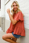 Diva Dreams Bronze Babydoll Flutter Sleeve Ruffle Hem Top