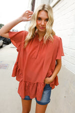 Diva Dreams Bronze Babydoll Flutter Sleeve Ruffle Hem Top