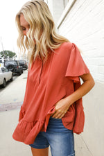 Diva Dreams Bronze Babydoll Flutter Sleeve Ruffle Hem Top