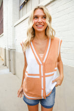 Put Together Orange V Neck Button Down Color Block Sweater Vest