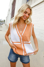 Put Together Orange V Neck Button Down Color Block Sweater Vest