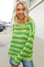 Dazzle in Lime & Green Stripe Long Sleeve Loose Knit Sweater