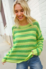 Dazzle in Lime & Green Stripe Long Sleeve Loose Knit Sweater