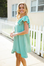 Out For The Day Sage Crinkle Woven Ruffle Sleeve Dress