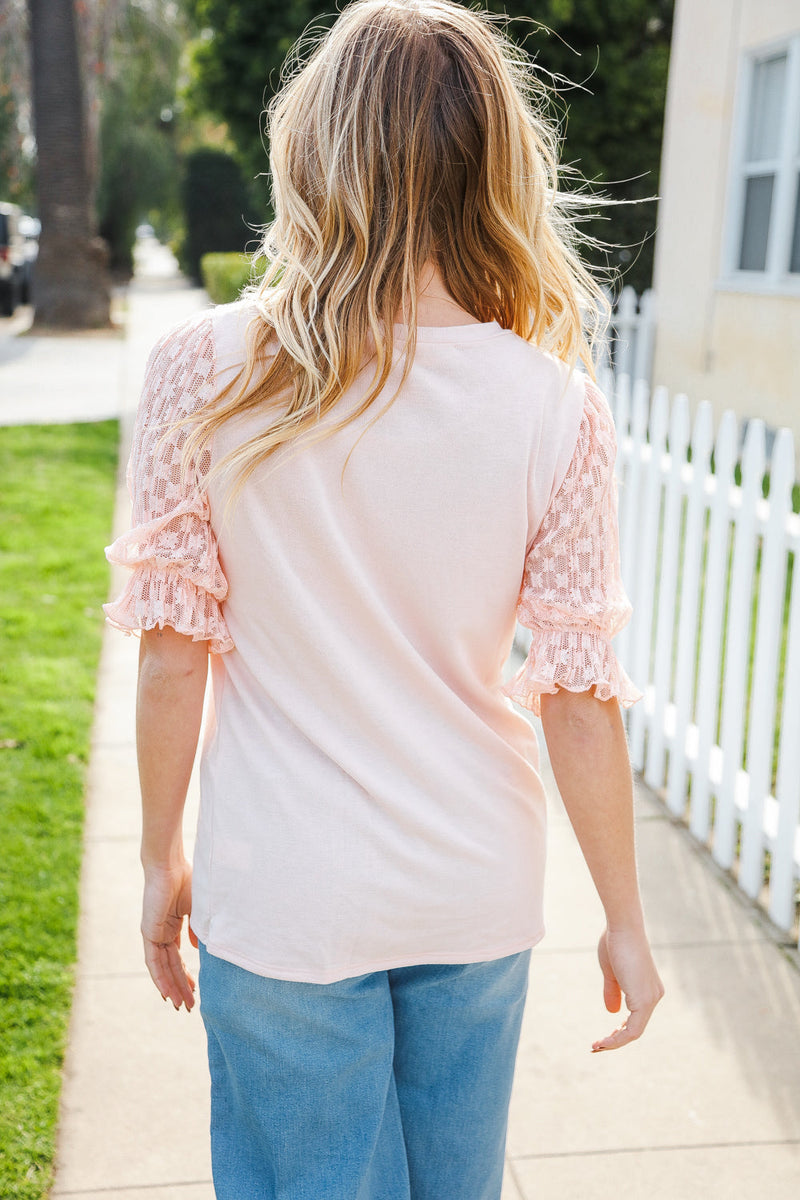 Adorable You Peach French Terry Lace Sleeve Top