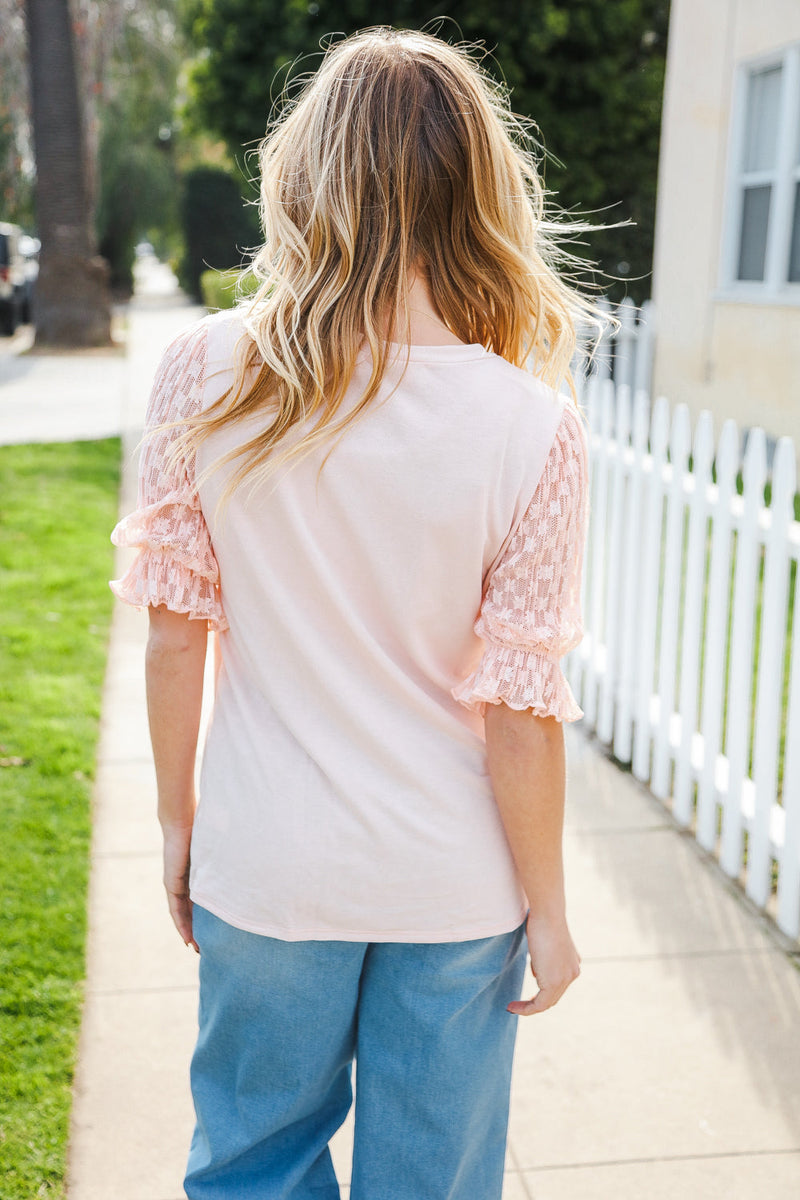 Adorable You Peach French Terry Lace Sleeve Top