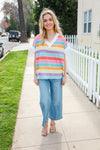 Bedazzled Rainbow Striped V Neck Drop Shoulder Thermal Knit Top