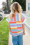 Bedazzled Rainbow Striped V Neck Drop Shoulder Thermal Knit Top