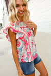 Southern Nights Pink Contrast Binding Floral Flutter Sleeve Top