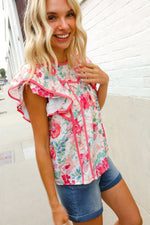 Southern Nights Pink Contrast Binding Floral Flutter Sleeve Top