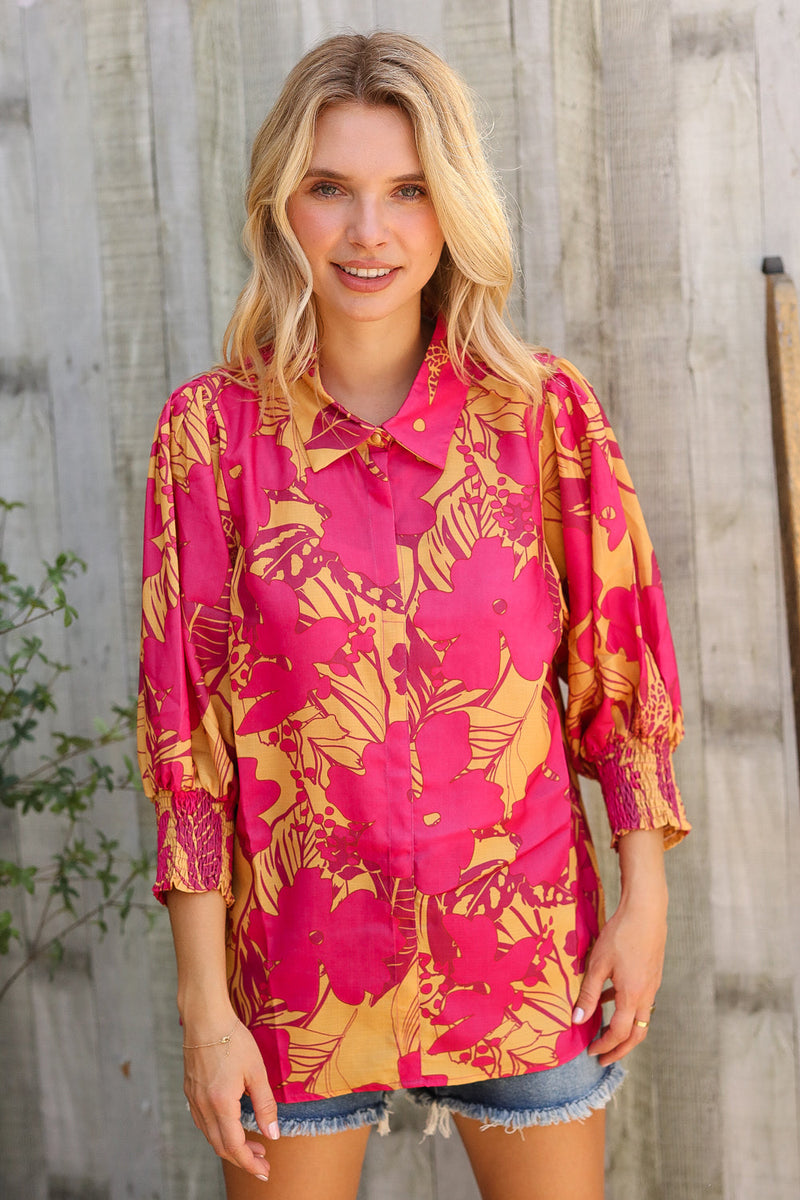 Elegant In Fuchsia Satin Button-Down Smock Long Sleeve Blouse