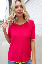Classy Chic Rose & Lime Pointelle Knit Short Sleeve Sweater Top