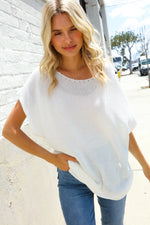 Stand Out White Loose Knit Dolman Top/Coverup with Crochet Details