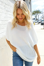 Stand Out White Loose Knit Dolman Top/Coverup with Crochet Details