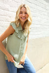 Feeling Femme' Olive Linen Ruffle Collar Botton Down Top