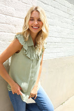 Feeling Femme' Olive Linen Ruffle Collar Botton Down Top