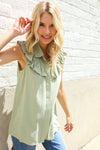 Feeling Femme' Olive Linen Ruffle Collar Botton Down Top