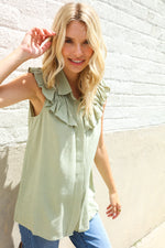 Feeling Femme' Olive Linen Ruffle Collar Botton Down Top