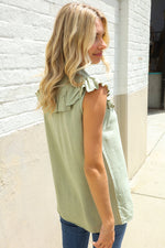 Feeling Femme' Olive Linen Ruffle Collar Botton Down Top