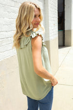 Feeling Femme' Olive Linen Ruffle Collar Botton Down Top