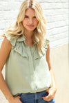 Feeling Femme' Olive Linen Ruffle Collar Botton Down Top