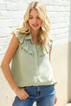 Feeling Femme' Olive Linen Ruffle Collar Botton Down Top