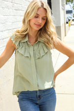Feeling Femme' Olive Linen Ruffle Collar Botton Down Top