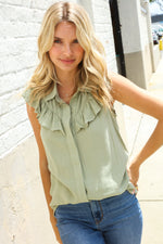 Feeling Femme' Olive Linen Ruffle Collar Botton Down Top