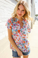 Beautiful You Ivory Floral Print Notch Neck Puff Short Sleeve Top