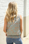 Dazzle In Teal Smocked High Neck Animal Print Sleeveless Top