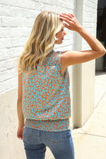 Dazzle In Teal Smocked High Neck Animal Print Sleeveless Top